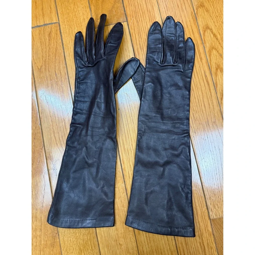 Gloves by Superb Vintage Dark Brown Leather Opera Length Evening Gloves Size 6.5
